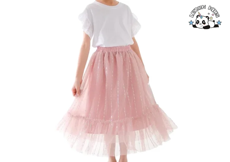 LEZONKIDS - Saia Longa de Tule com Estampa de Folha de Prata para Meninas, Personalizável, com Forro de Algodão Doce